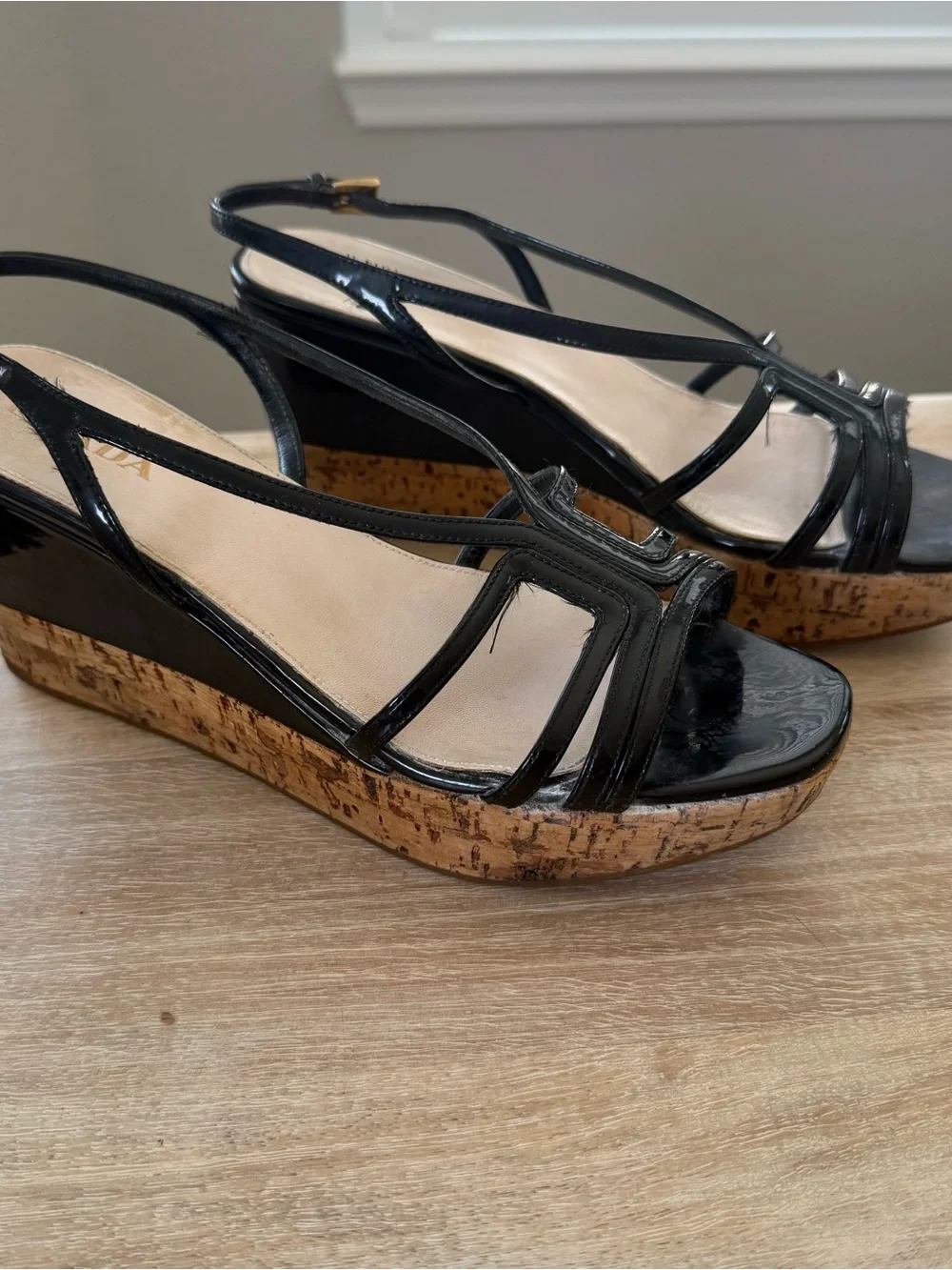 Prada Black Patent Cork Wedges